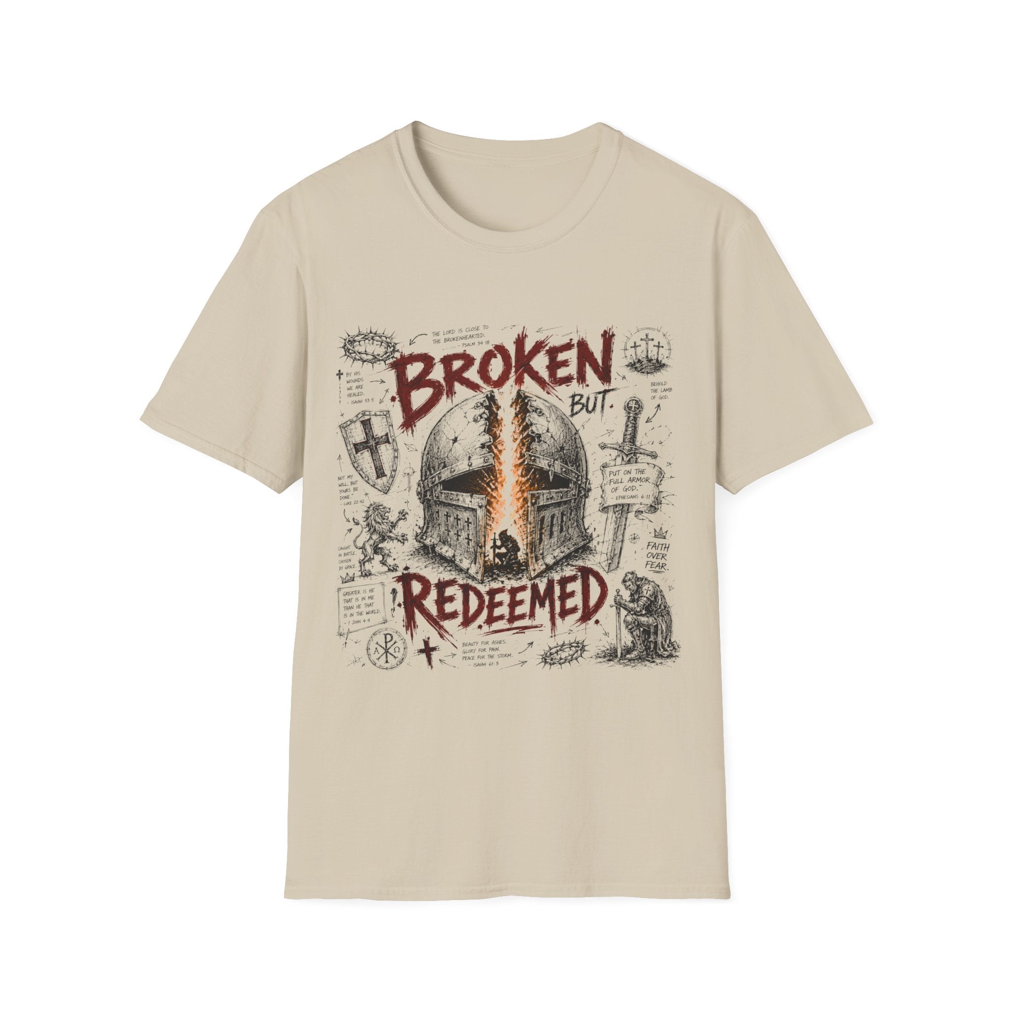 Broken But Redeemed Christian Warrior Armor Of God Faith Over Fear Helmet And Cross T-Shirt