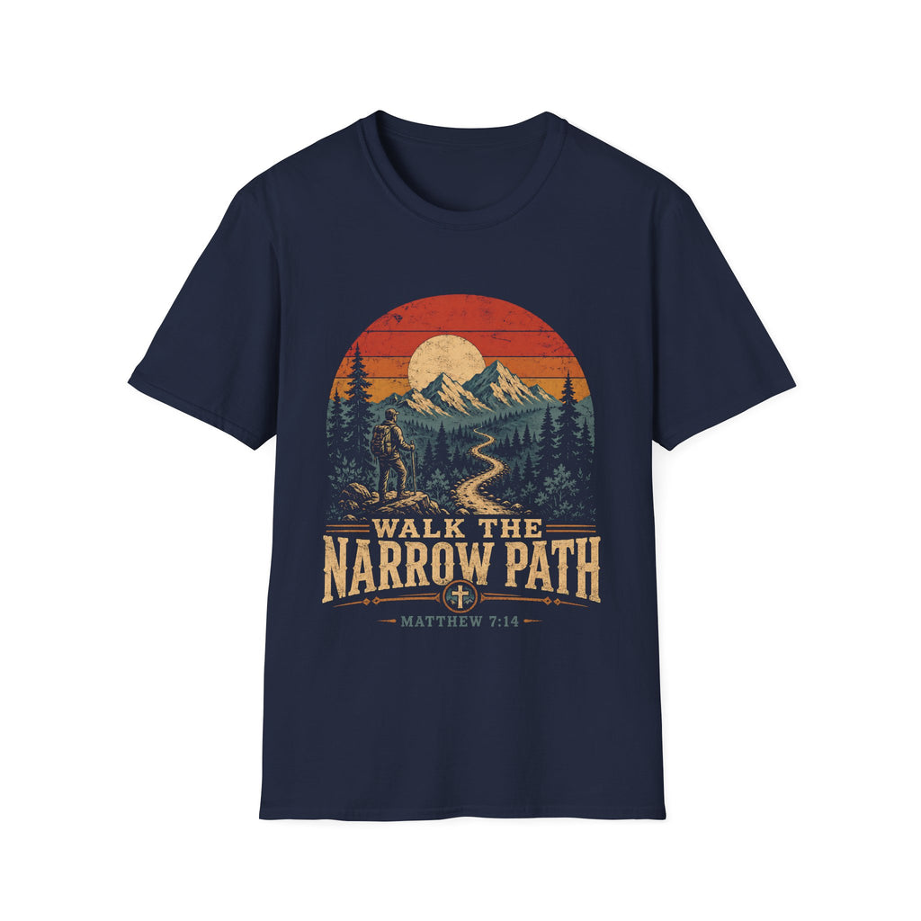 Walk The Narrow Path Matthew 714 Christian Hiking Scripture Art Mountain Trail Sunset Landscape Faith Outdoors T-Shirt