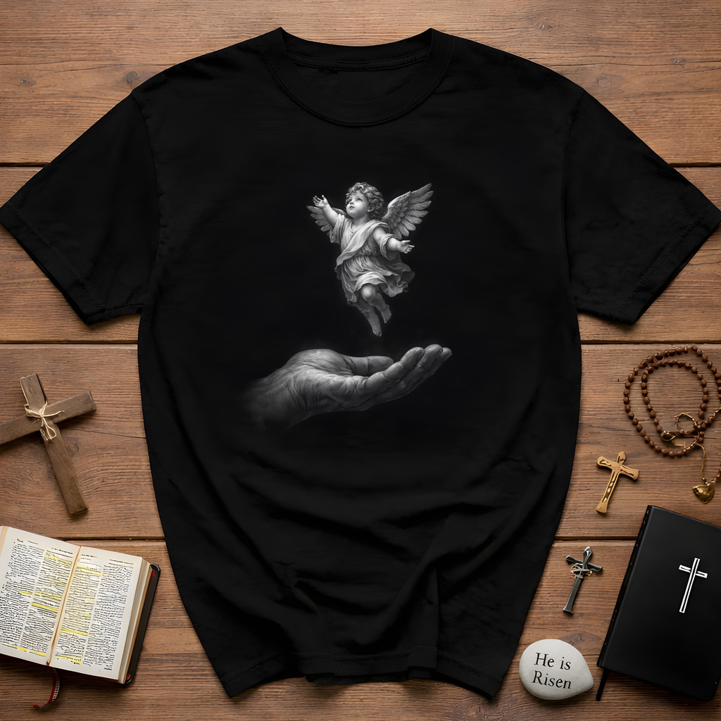 Guardian angel in gods hand spiritual christian memorial baby angel protection from above T-Shirt