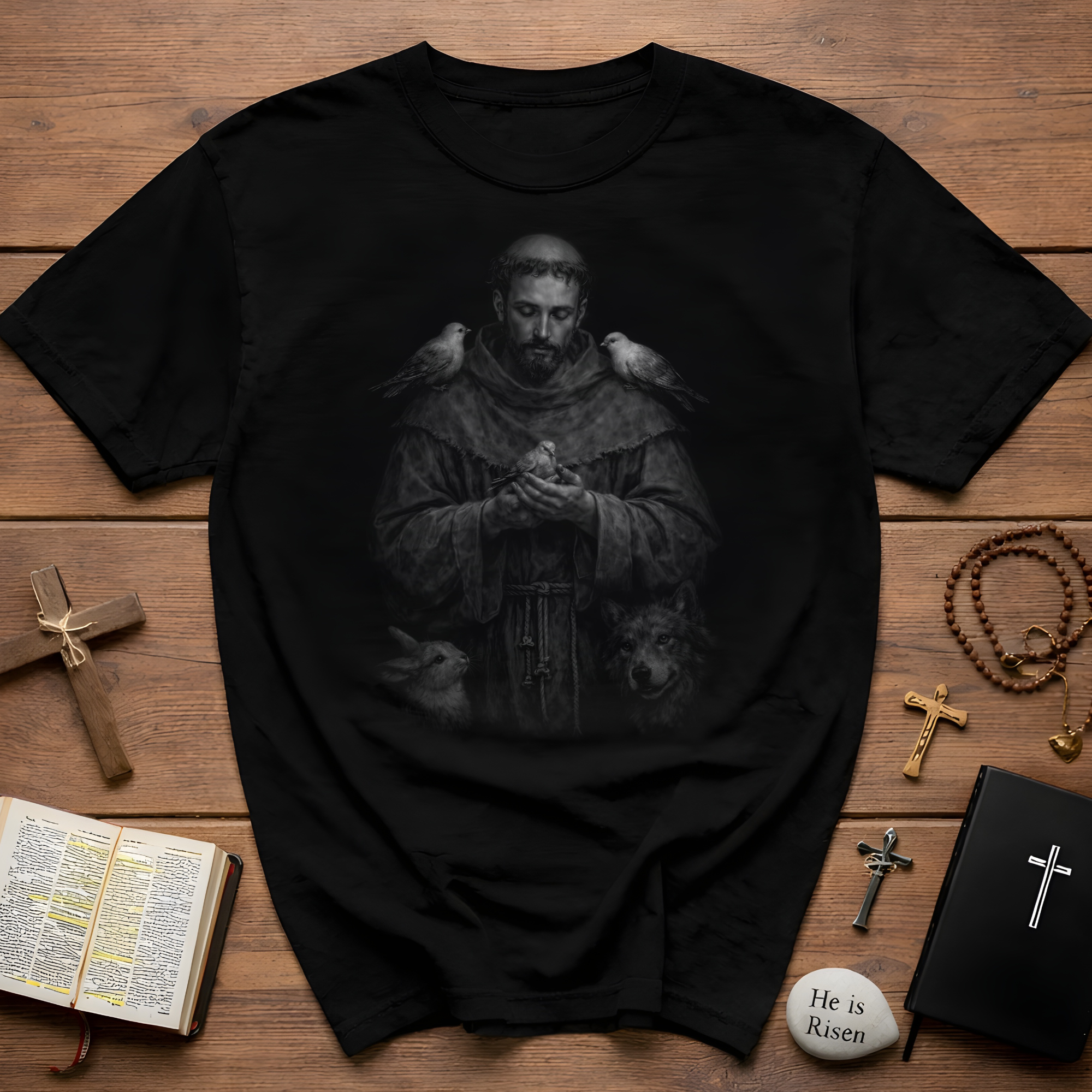 Saint francis of assisi with animals wolf rabbit and doves patron of animals and ecology T-Shirt