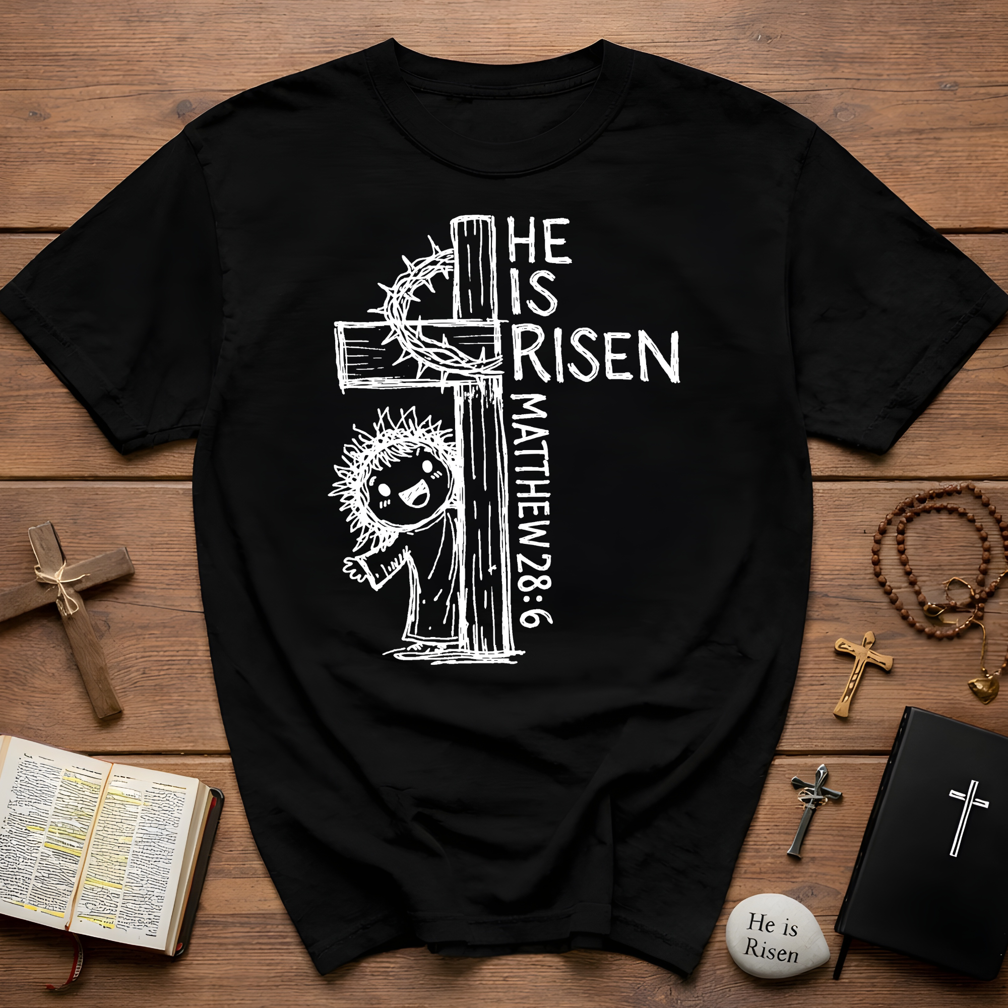 He is risen matthew 28 6 cute christian easter resurrection cross crown of thorns T-Shirt
