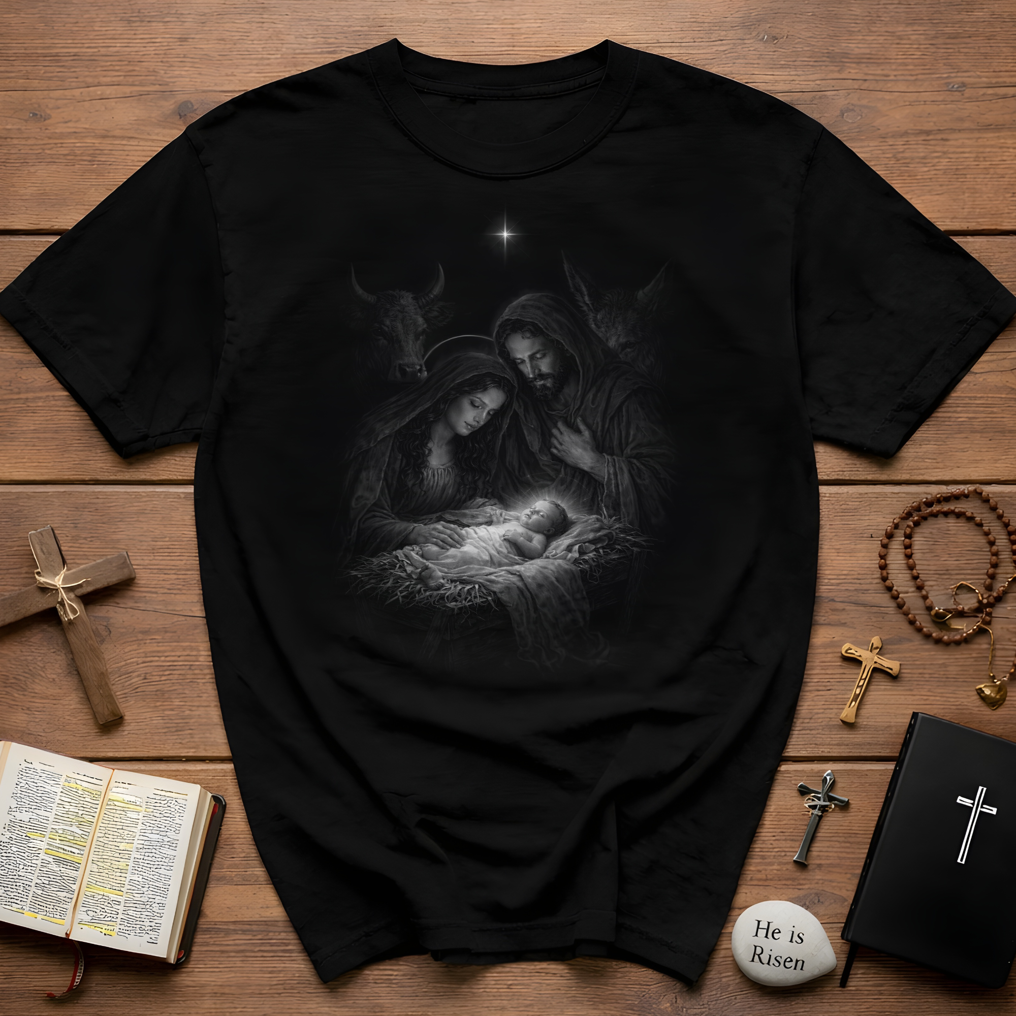 Holy family nativity scene with baby jesus mary joseph and christmas star in the bethlehem manger T-Shirt