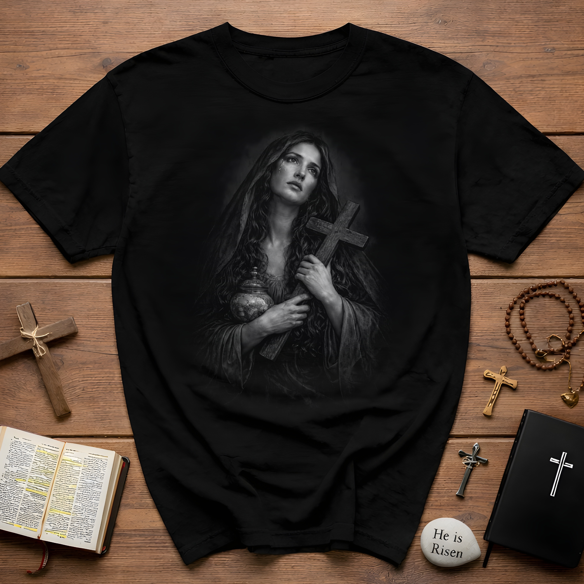 mary magdalene weeping with cross dark christian gothic spiritual portrait in black and white T-Shirt