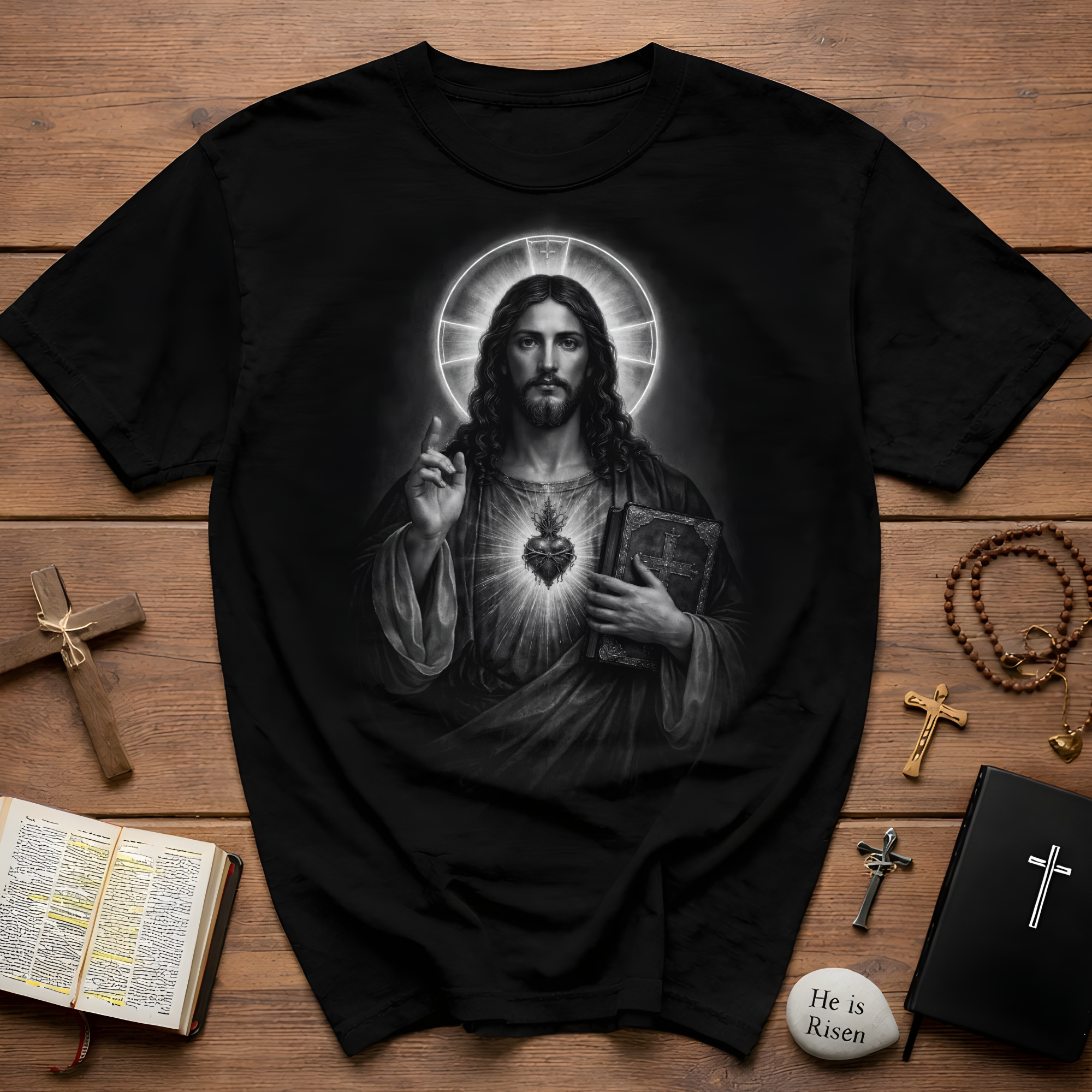 sacred heart of jesus christ with holy bible catholic christian religious image of jesus T-Shirt