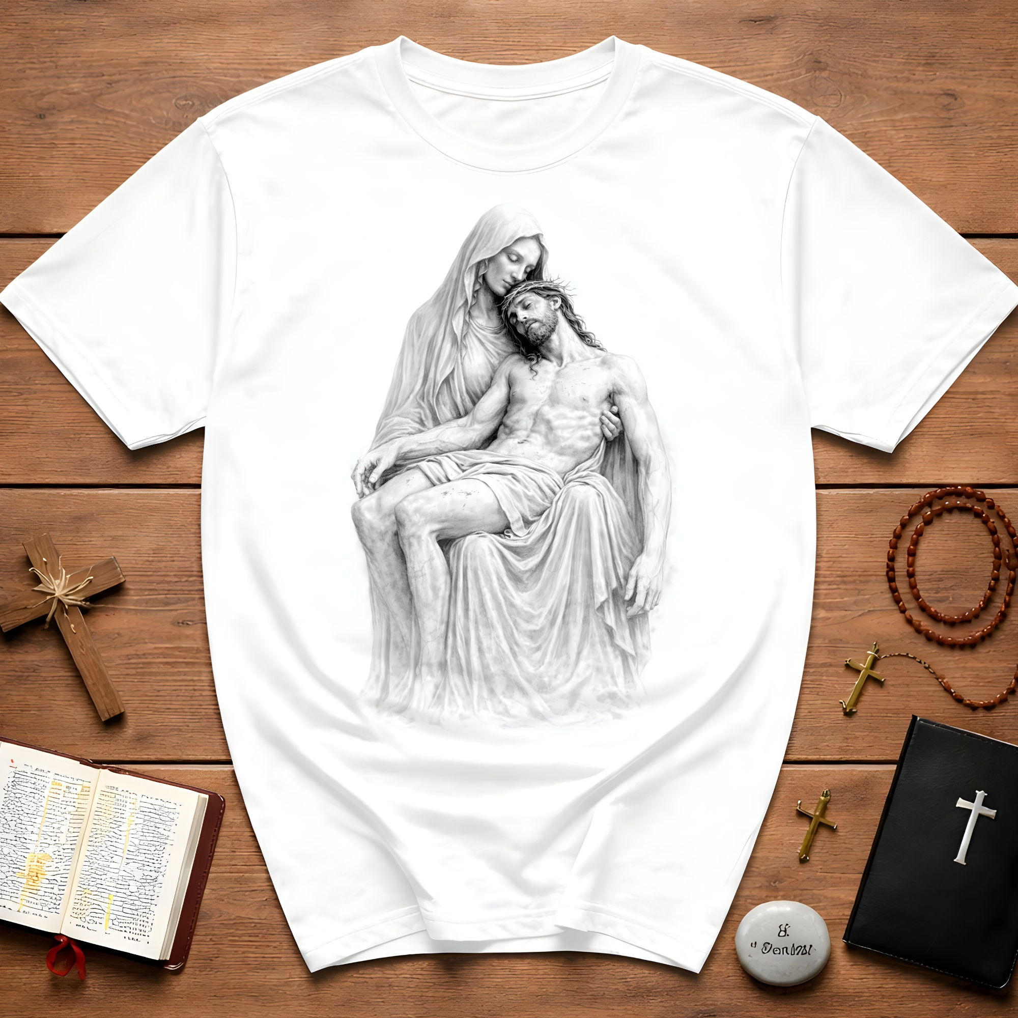 Sorrowful pieta mary holding jesus after crucifixion christian faith reflection T-Shirt