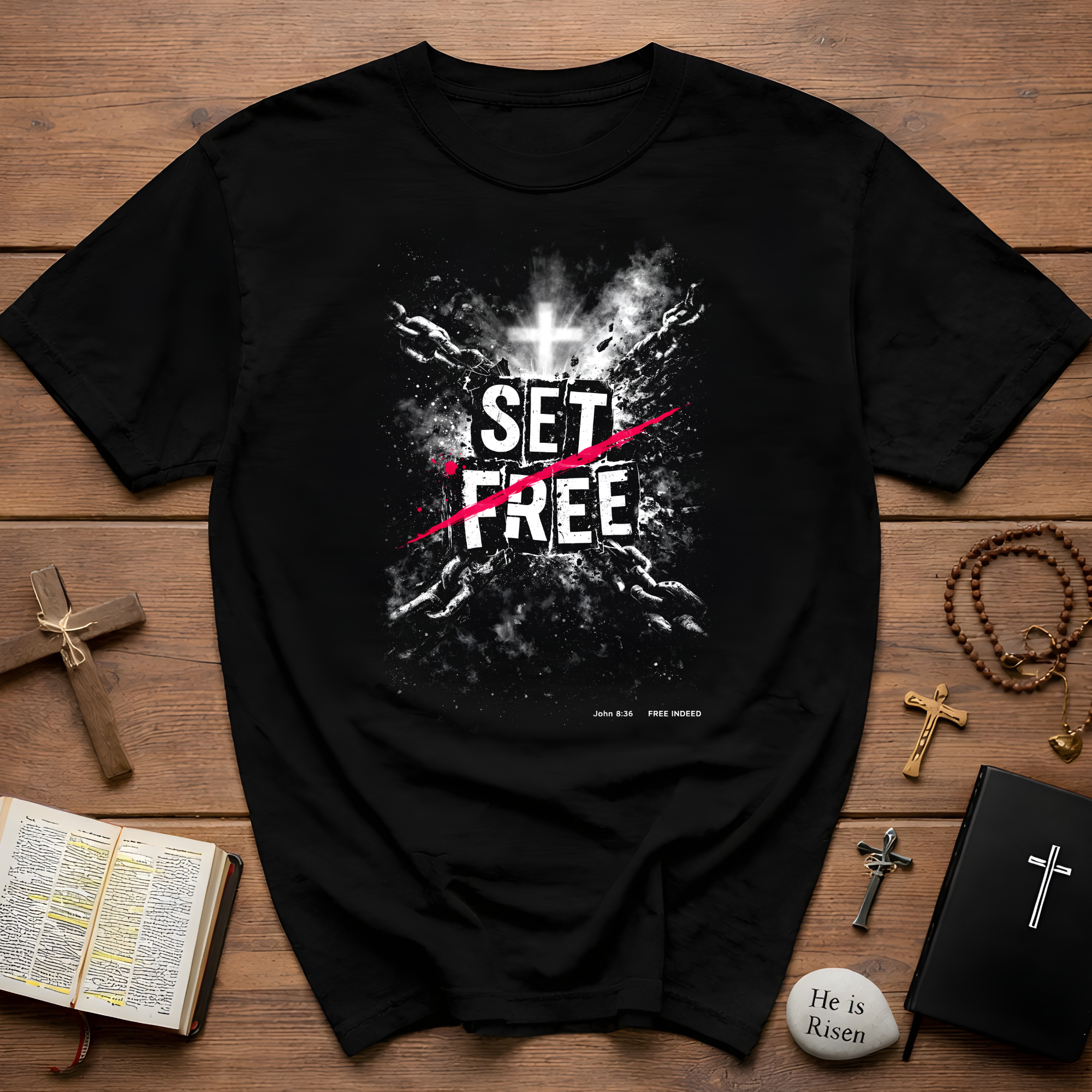 Set free john 8 36 christian cross broken chains easter faith freedom T-Shirt