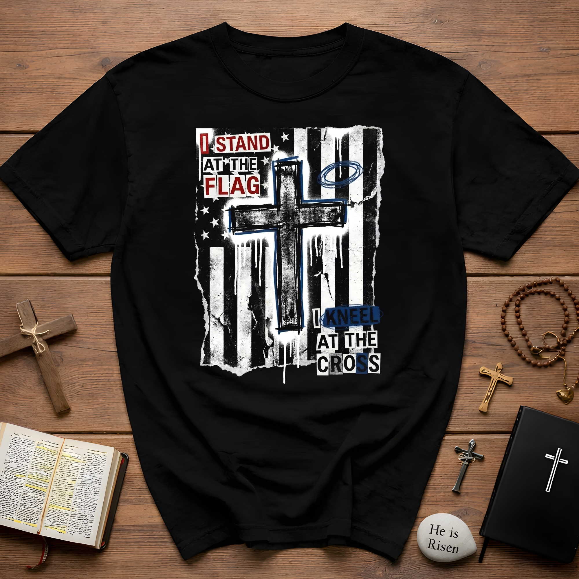I stand at the flag i kneel at the cross christian patriotic american flag cross T-Shirt