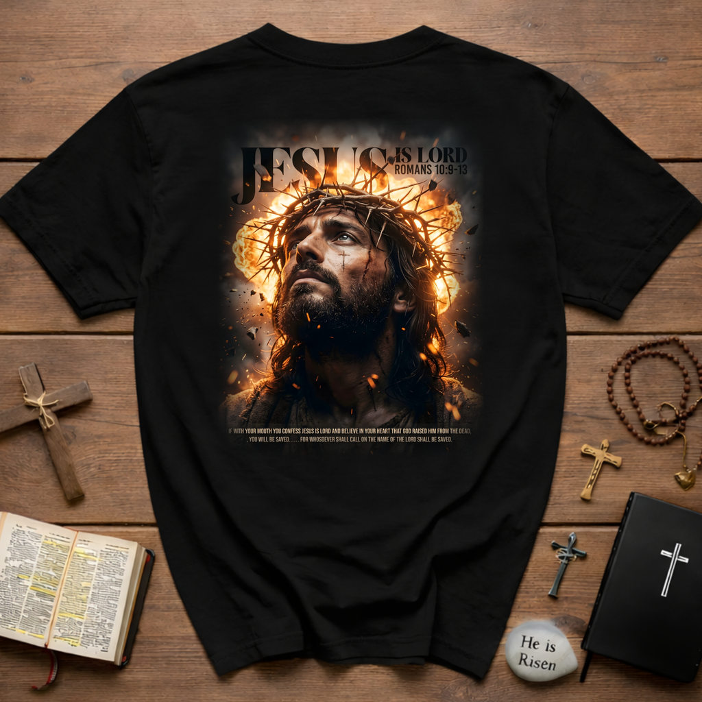 Jesus is lord romans 10 9 13 crown of thorns savior faith T-Shirt