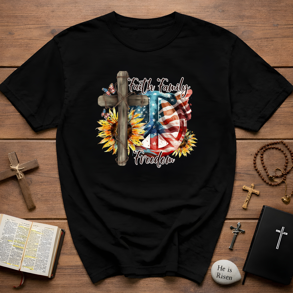 Faith Family Freedom 4th of July Independence Day Veterans Day American Flag Cross Peace Sunflowers T-Shirt