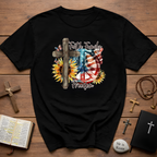 Faith Family Freedom 4th of July Independence Day Veterans Day American Flag Cross Peace Sunflowers T-Shirt