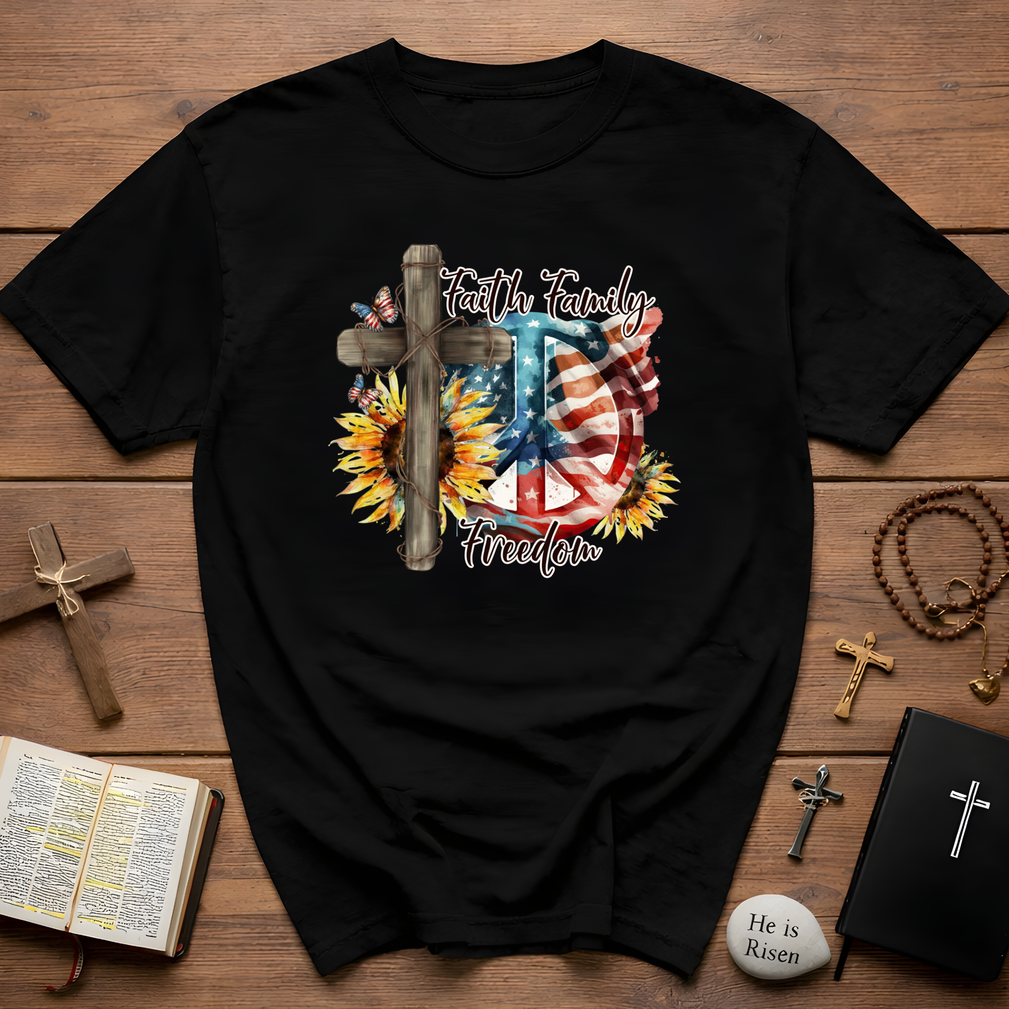 Faith Family Freedom 4th of July Independence Day Veterans Day American Flag Cross Peace Sunflowers T-Shirt