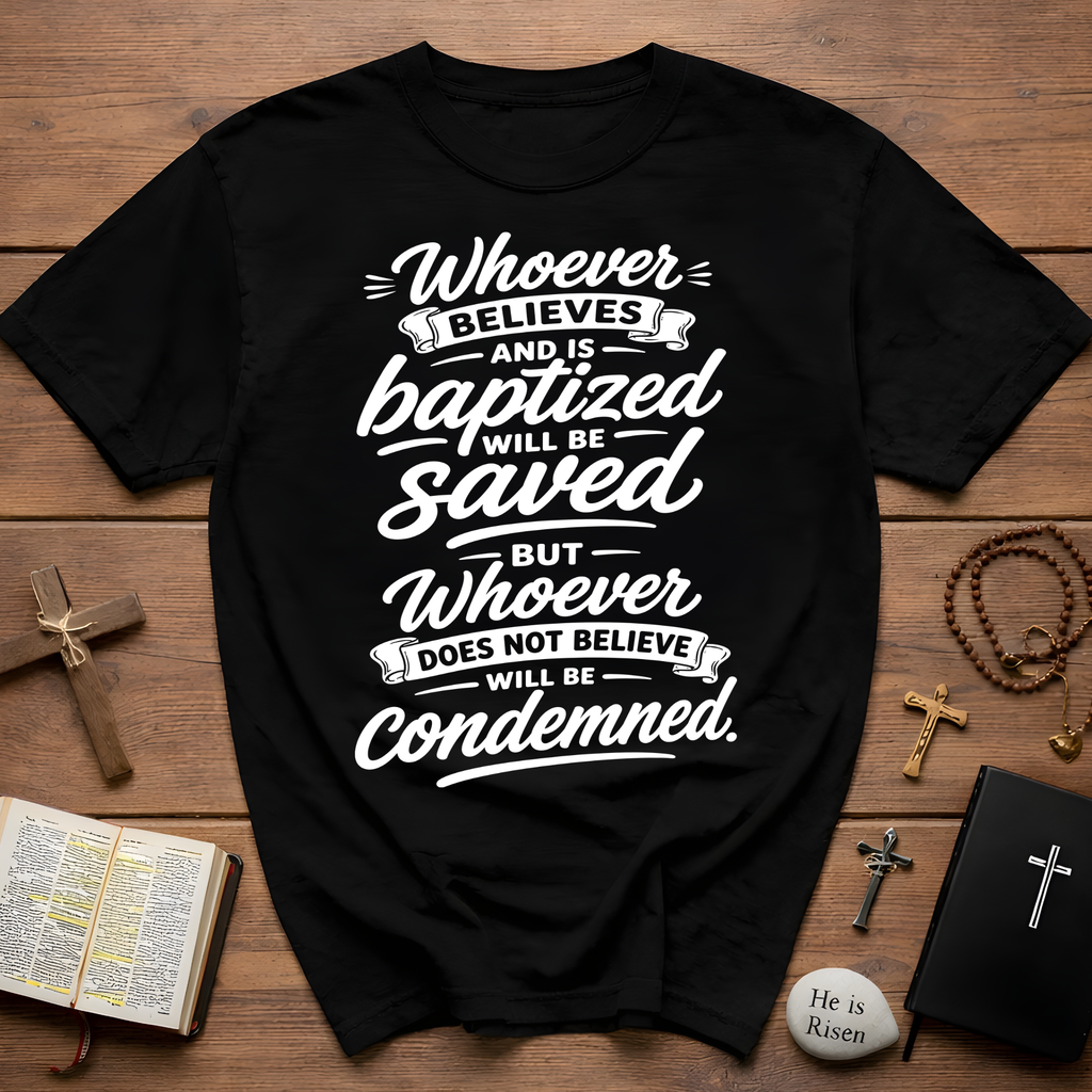 Whoever believes and is baptized will be saved but whoever does not believe will be condemned bible verse T-Shirt