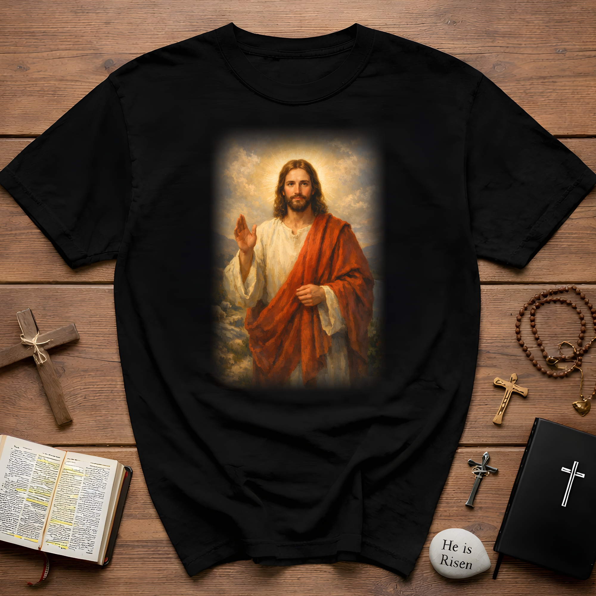 Jesus christ with cross christian faith resurrection savior inspirational religious image T-Shirt