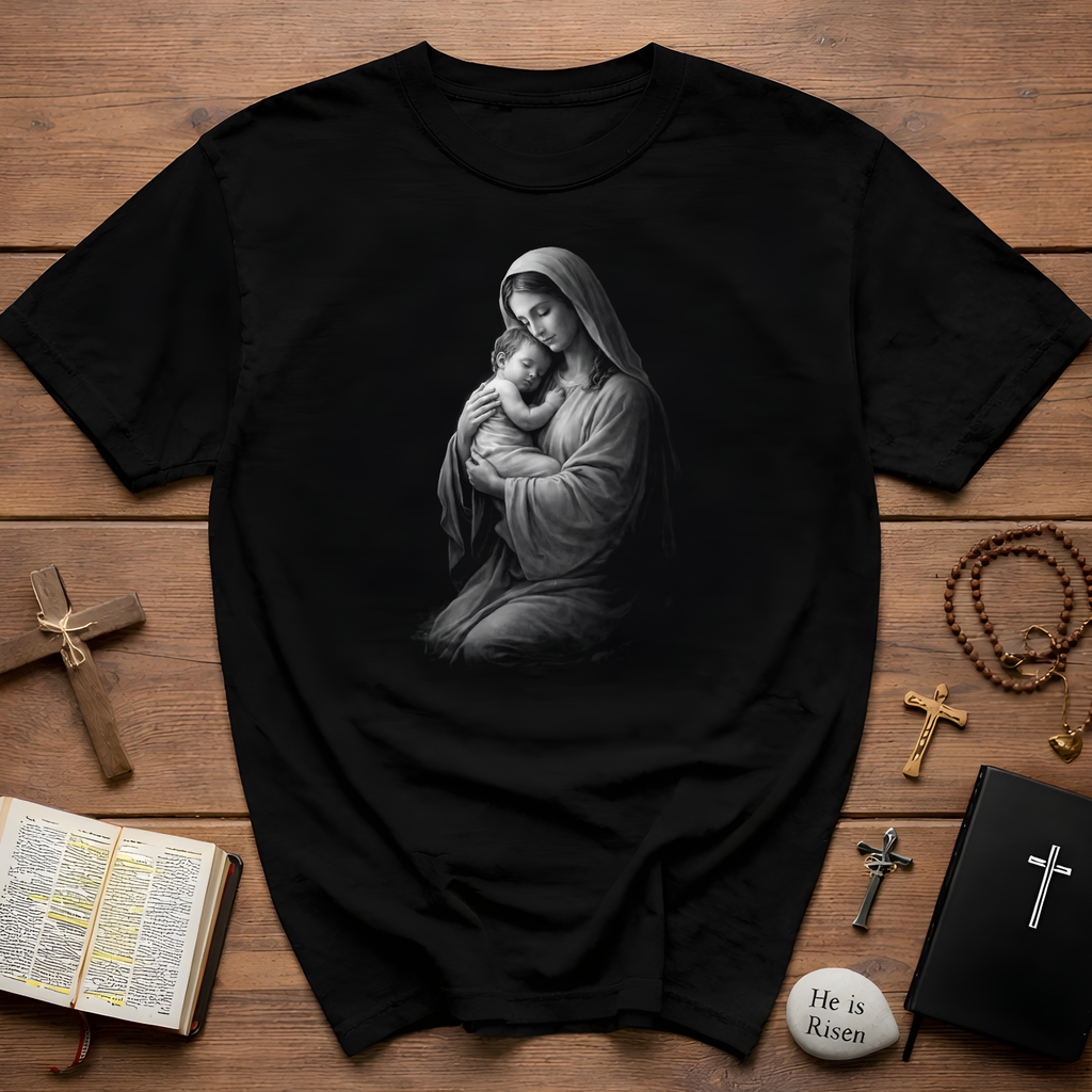 Virgin mary holding baby jesus sacred mother and child christian catholic iconic image T-Shirt