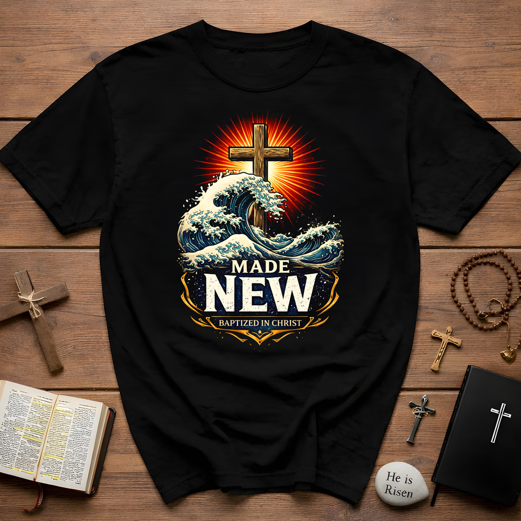 Made new baptized in christ cross and crashing ocean waves renewal T-Shirt