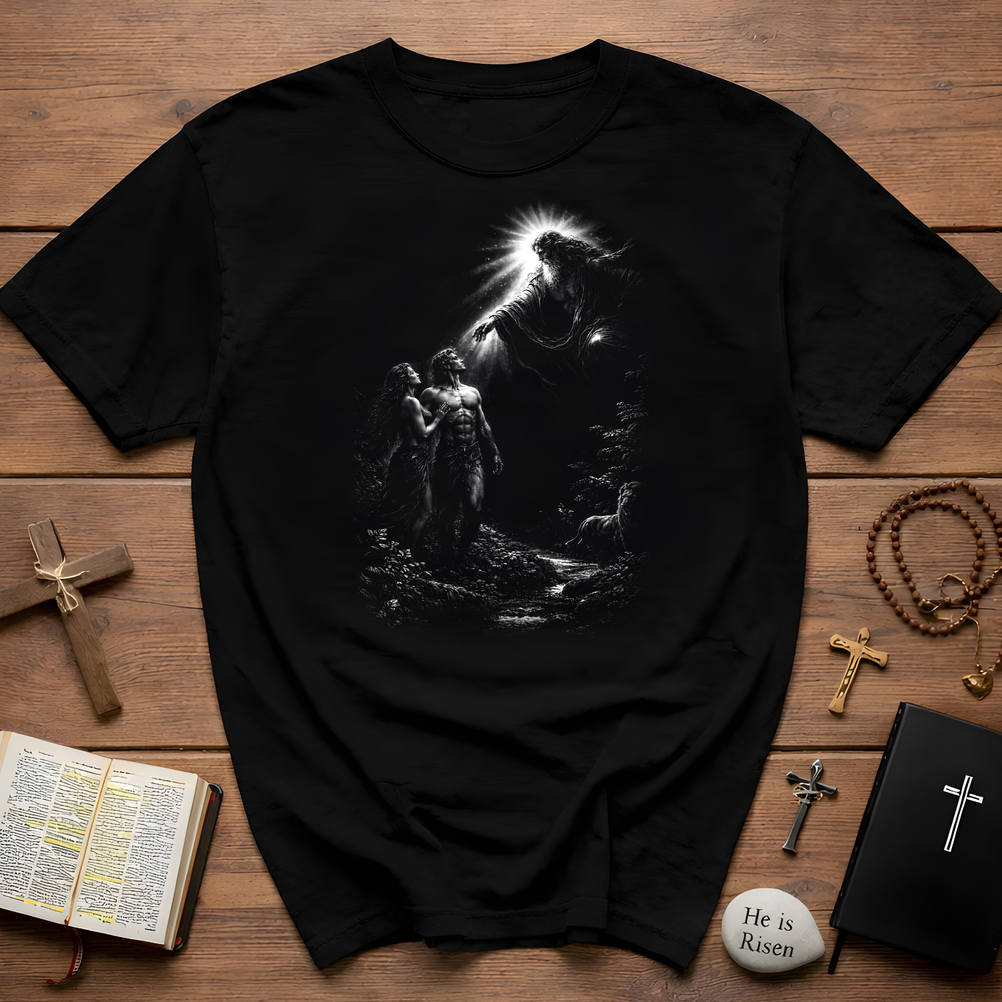 Creation of adam and eve with god in eden spiritual christian biblical scene T-Shirt