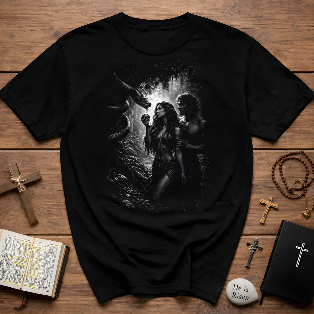 Eden temptation adam and eve serpent dark biblical design T-Shirt