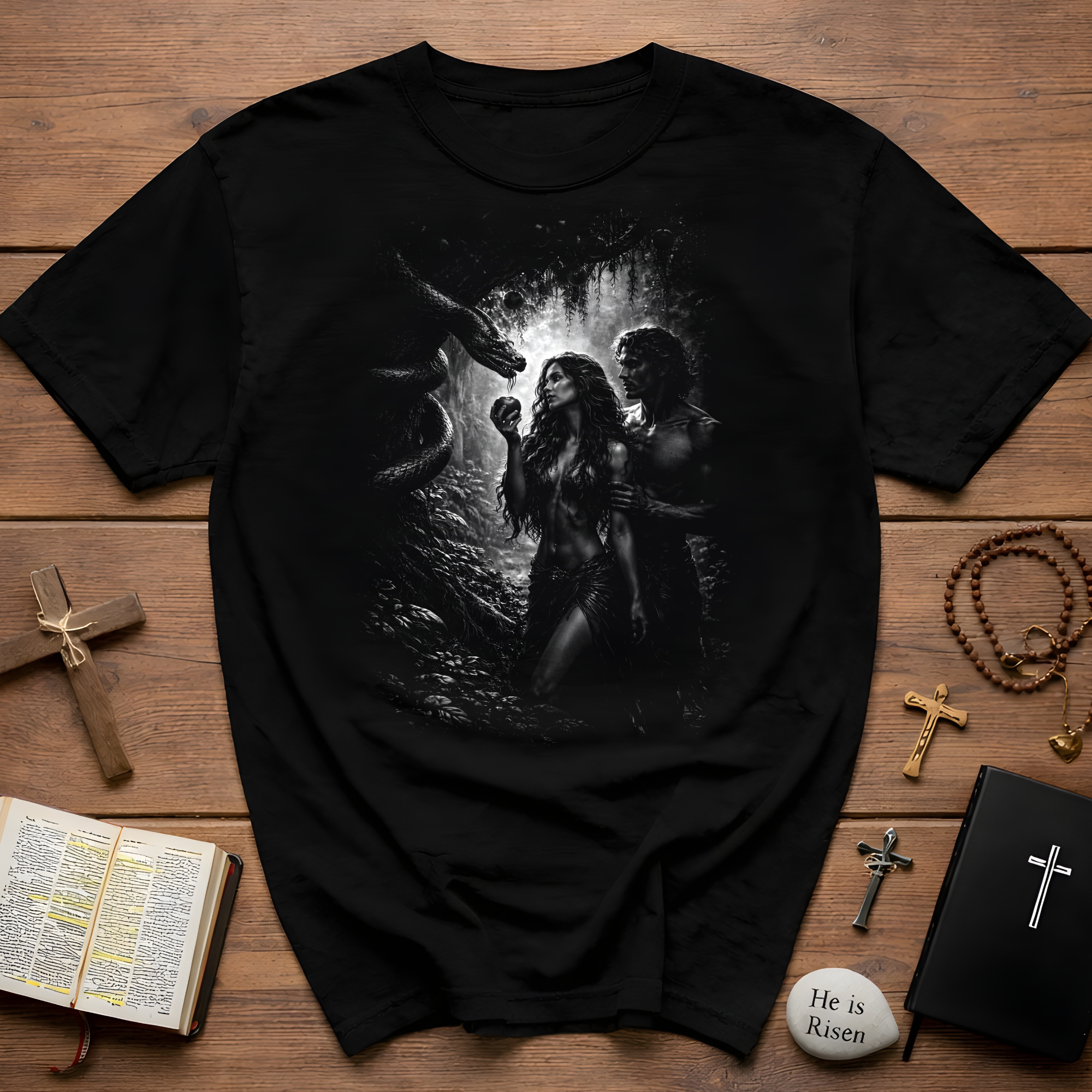 Eden temptation adam and eve serpent dark biblical design T-Shirt