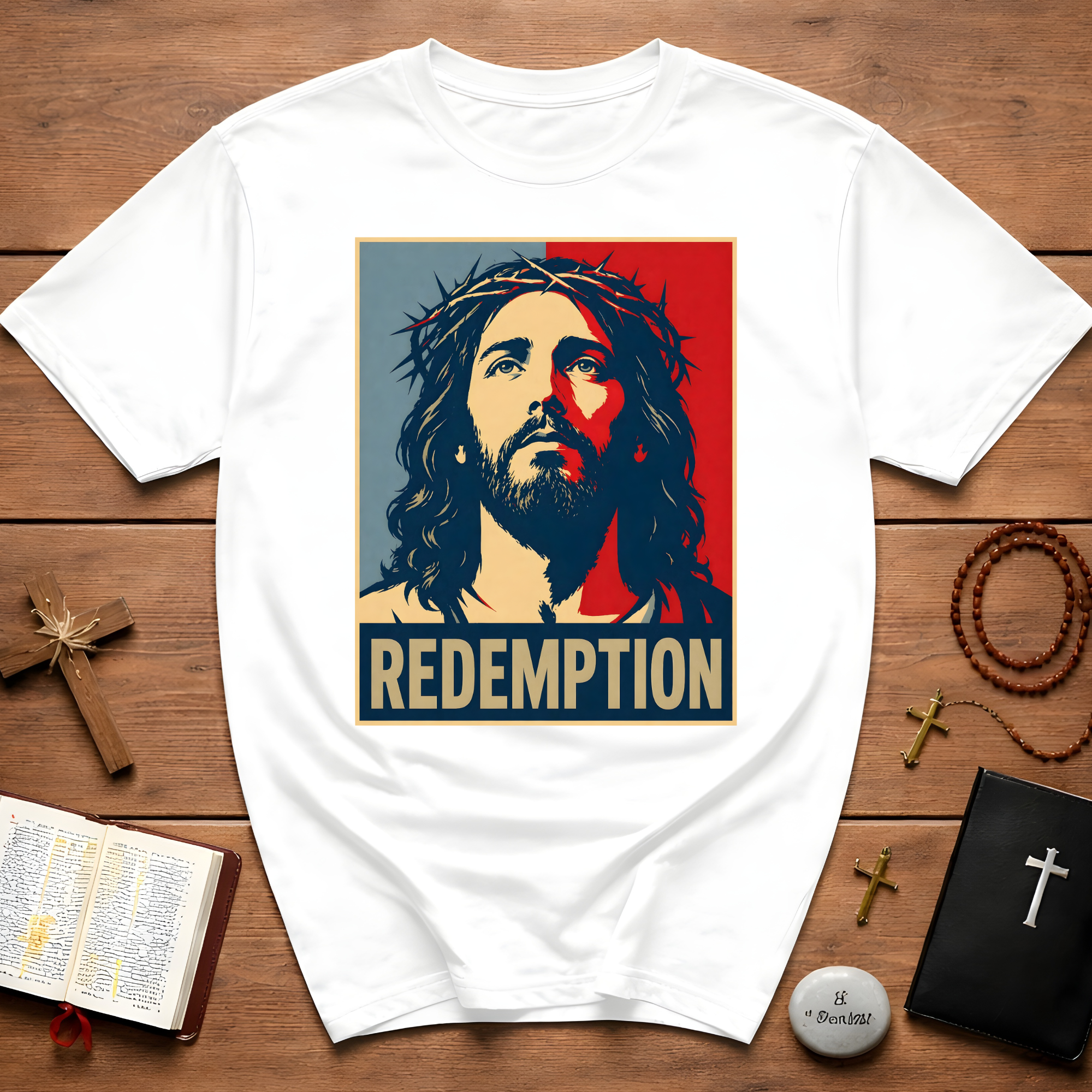 Redemption Jesus Christ Crown Of Thorns Christian Faith Hope Inspirational Savior Art Poster Style Religious Redemption T-Shirt