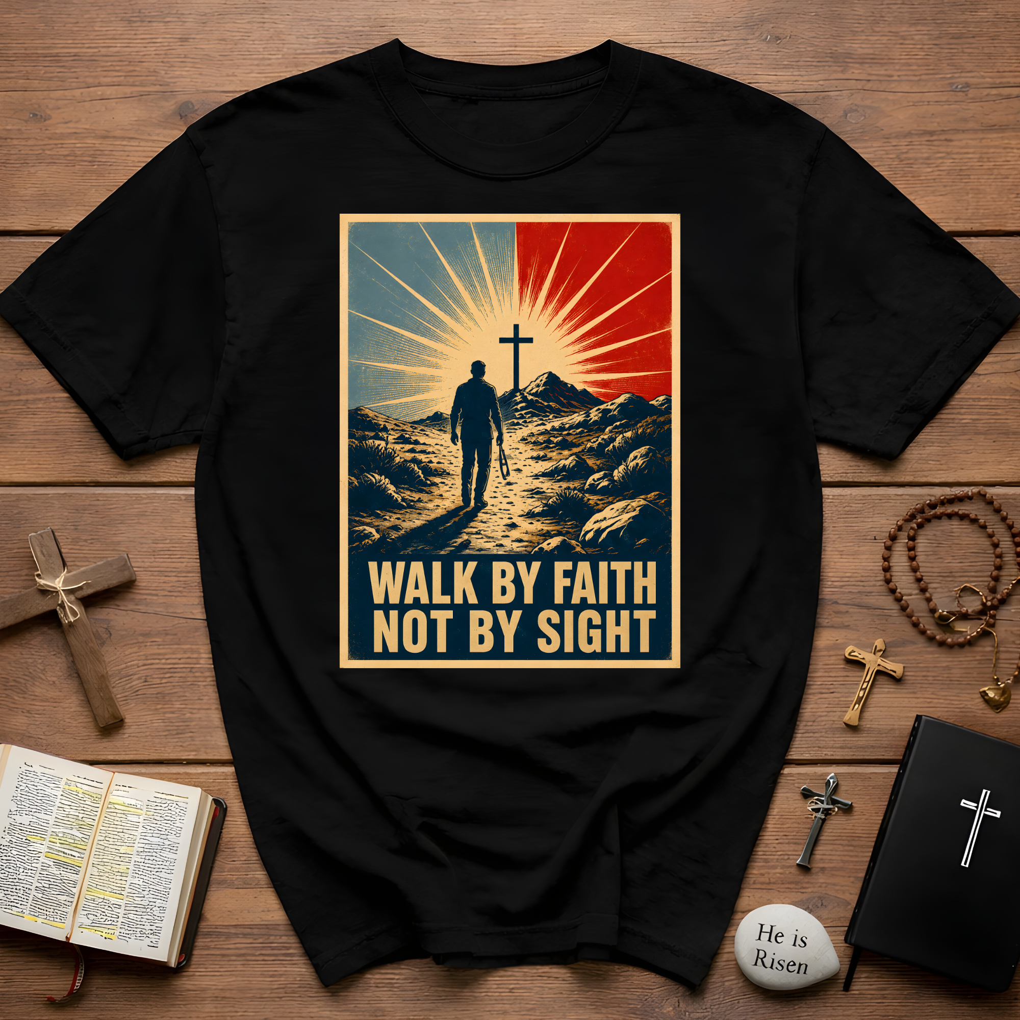 Walk By Faith Not By Sight Christian Cross Sunset Bible Verse Inspirational T-Shirt