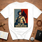 He Is Greater Than The Highs And Lows Christian David And Goliath Warrior Faith Inspirational T-Shirt
