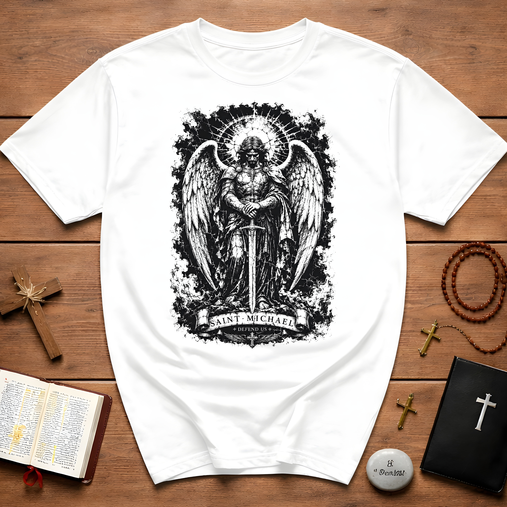 Saint Michael Defend Us Archangel Warrior Christian Catholic Spiritual Warfare Protection T-Shirt