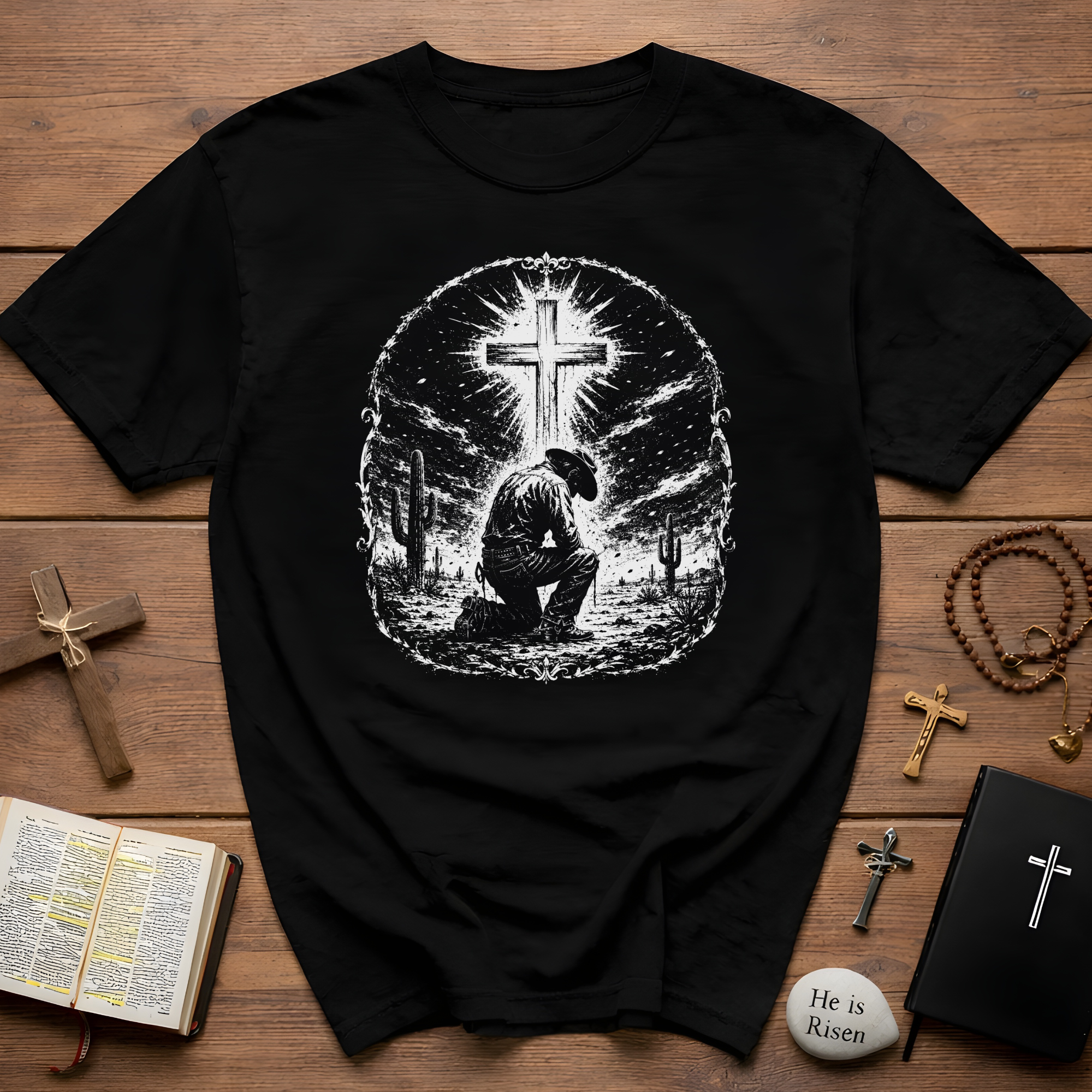 Cowboy Kneeling In Prayer Under Radiant Cross Western Christian Faith Desert Spiritual Scene T-Shirt