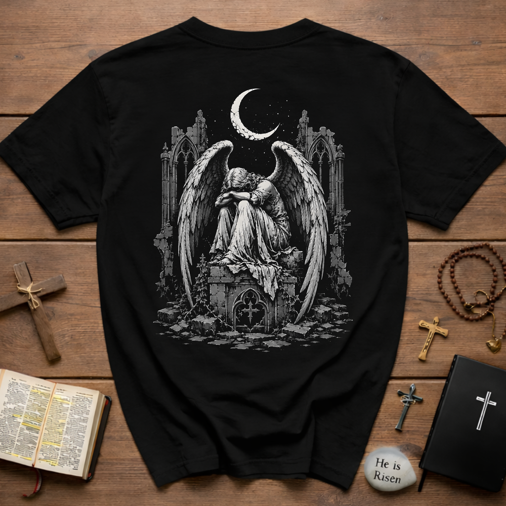 BACKPRINT Gothic Weeping Angel Under Crescent Moon In Ruined Cathedral Dark Fallen Angel BACKPRINT T-Shirt