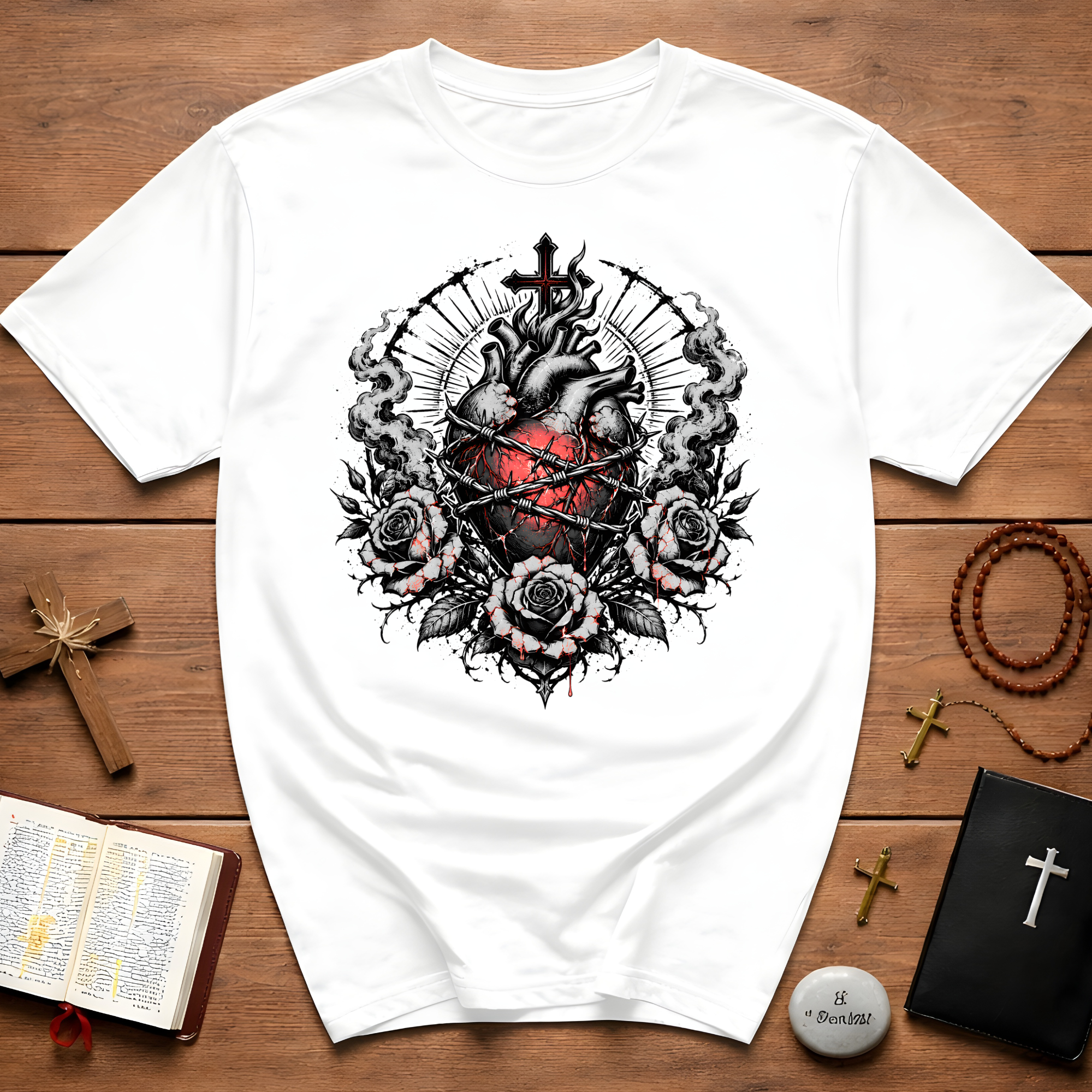 Sacred Heart Barbed Wire Cross Dark Roses Anatomical Heart T-Shirt
