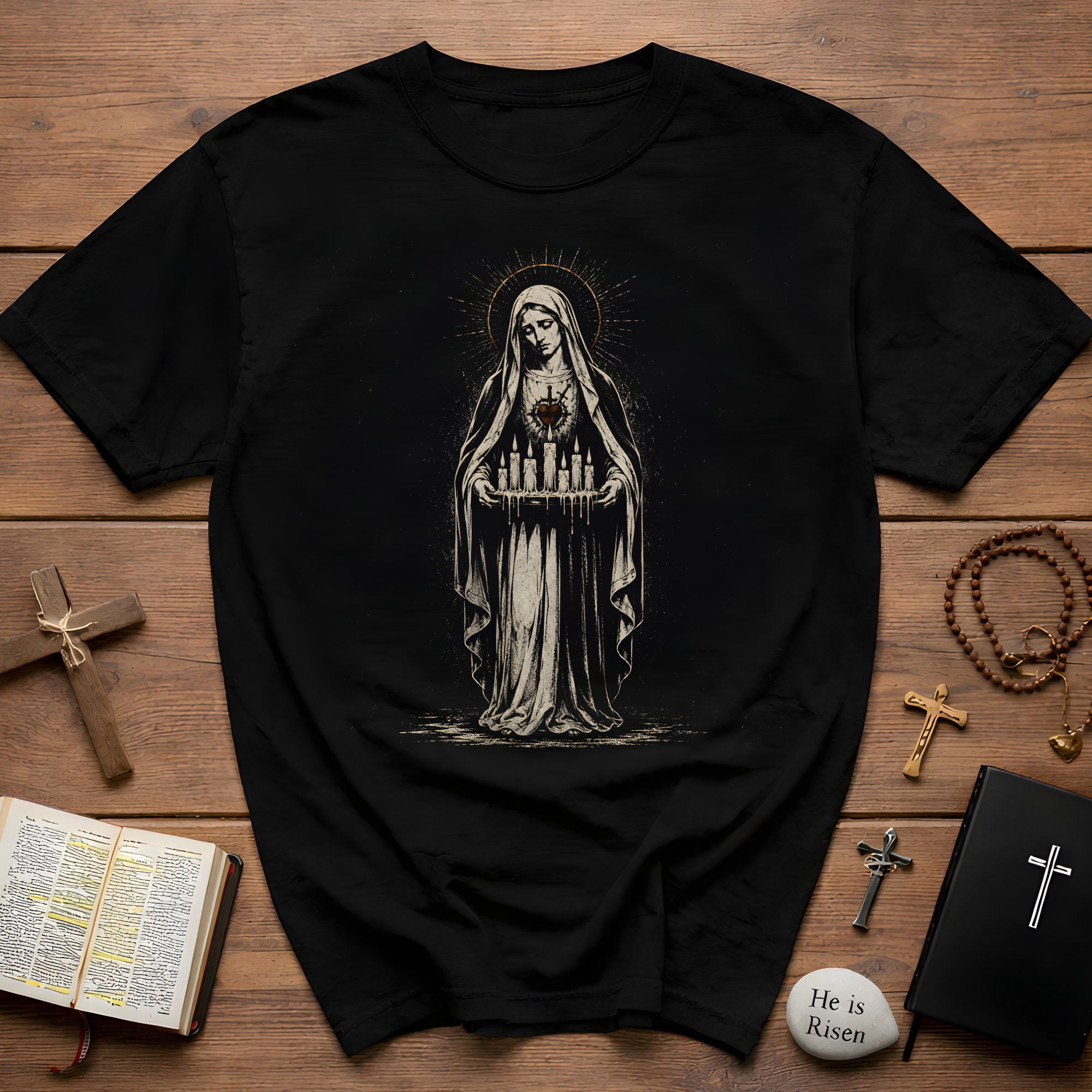 Sacred Heart Madonna With Prayer Candles Gothic Catholic Mary Icon T-Shirt