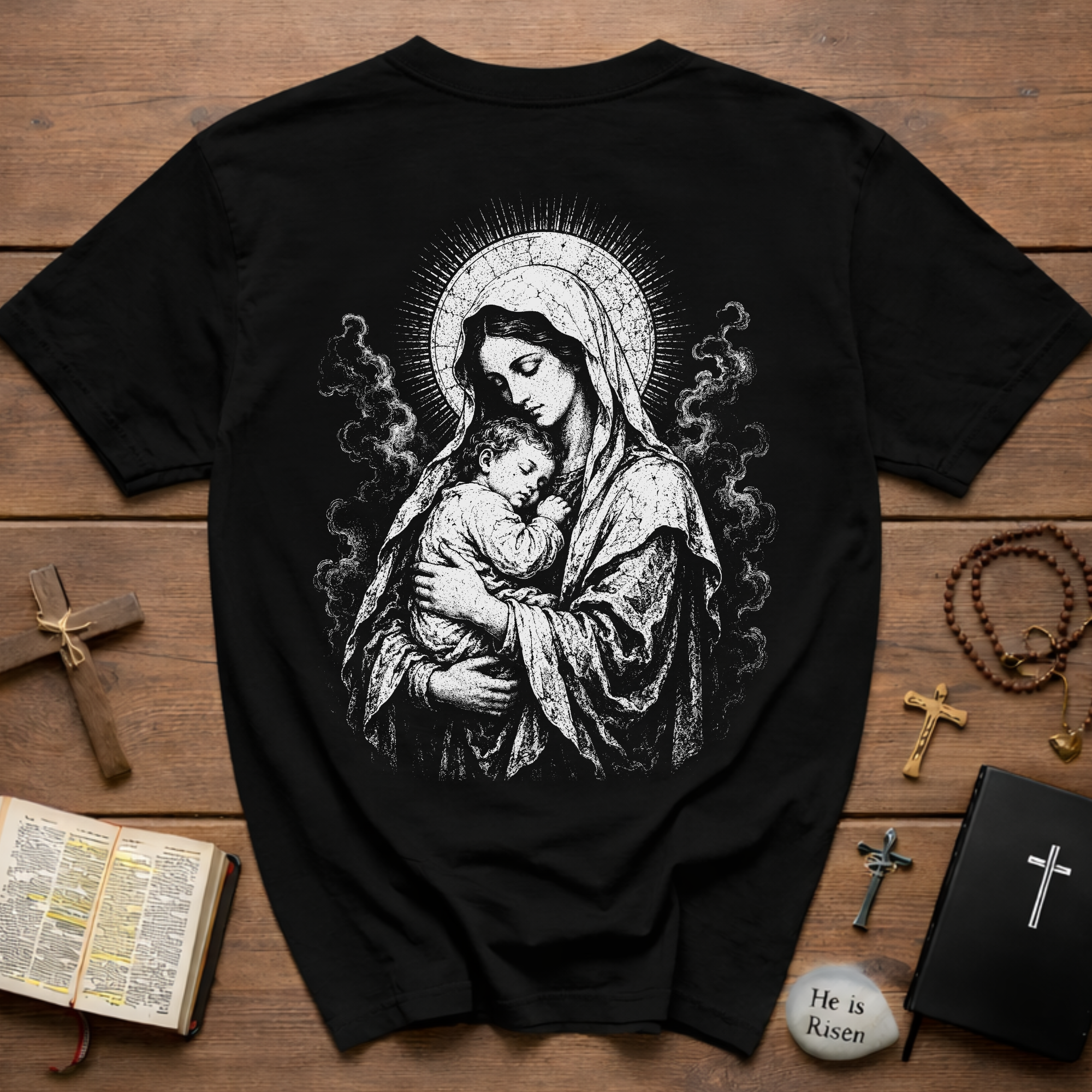 BACKPRINT Virgin Mary And Baby Jesus Sacred Mother And Child Christian Catholic Religious Icon T-Shirt