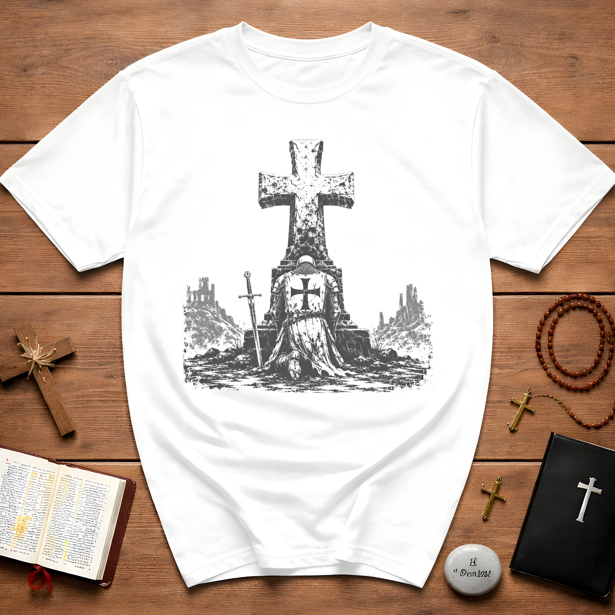 Medieval Crusader Knight Kneeling In Prayer At Cross Christian Warrior Faith T-Shirt