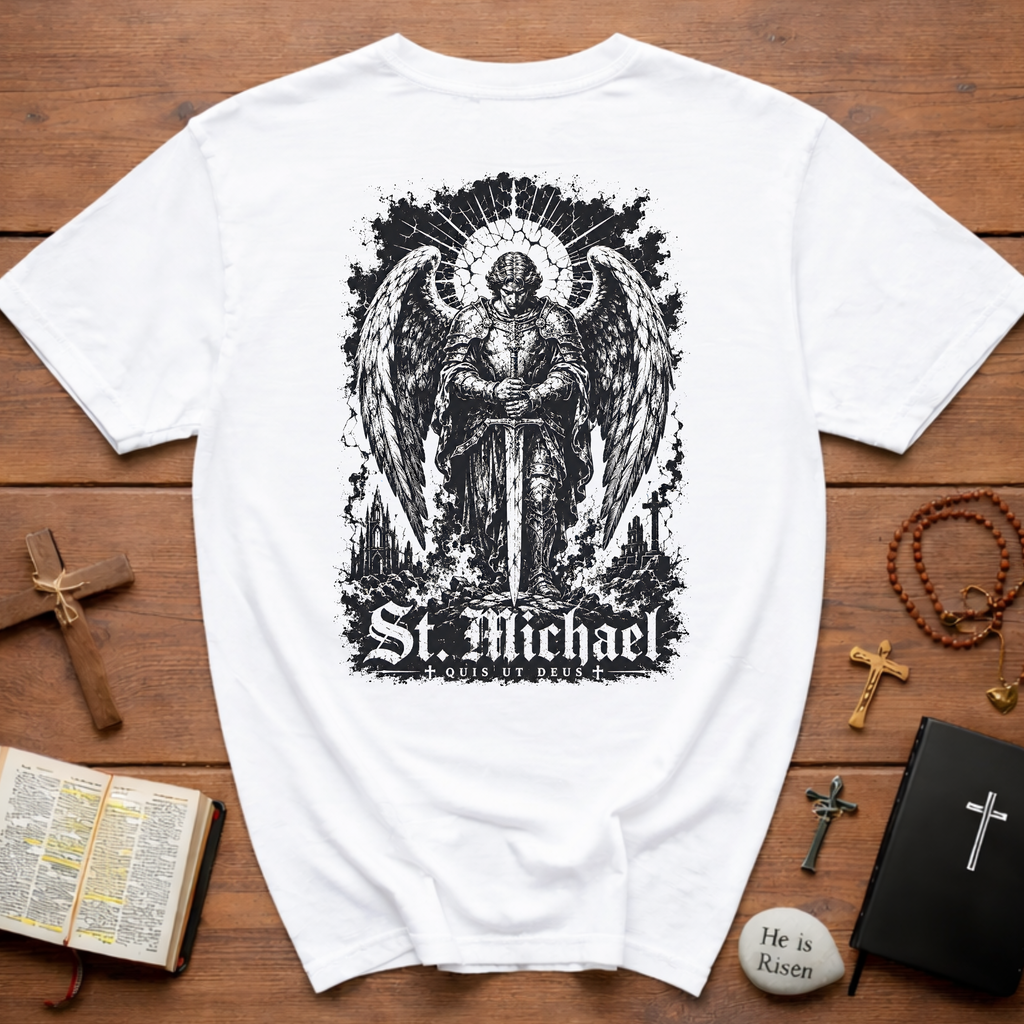 BACKPRINT St Michael Quis Ut Deus Archangel Warrior Christian Spiritual Warfare Protector Artwork T-Shirt