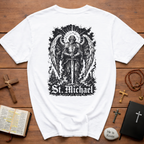 BACKPRINT St Michael Quis Ut Deus Archangel Warrior Christian Spiritual Warfare Protector Artwork T-Shirt