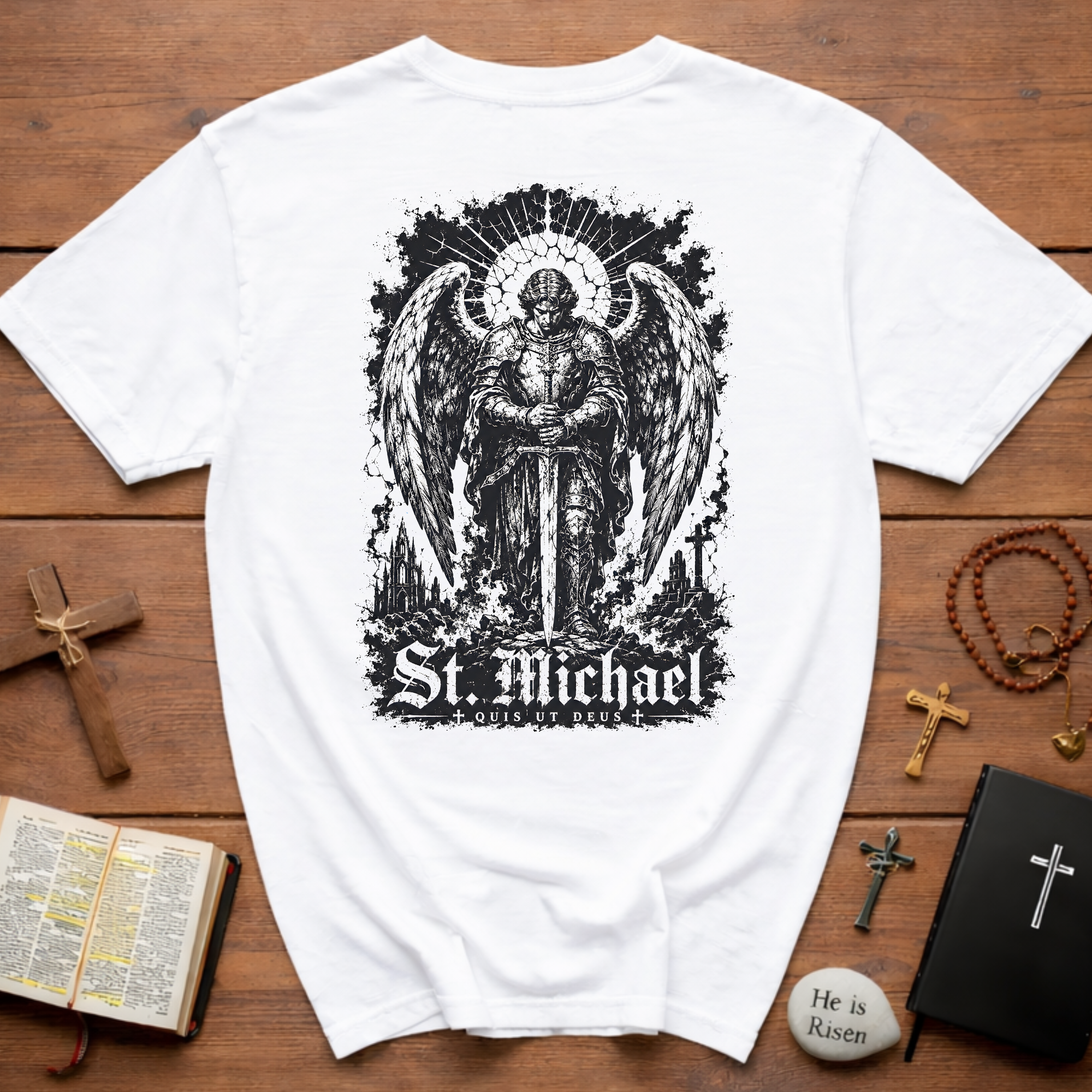 BACKPRINT St Michael Quis Ut Deus Archangel Warrior Christian Spiritual Warfare Protector Artwork T-Shirt