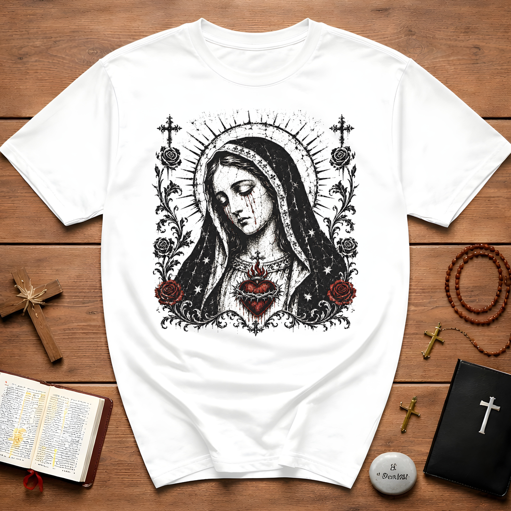 Virgin Mary Sacred Heart Gothic Catholic Dark Mother Mary Icon With Roses And Halo T-Shirt
