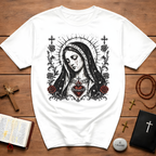 Virgin Mary Sacred Heart Gothic Catholic Dark Mother Mary Icon With Roses And Halo T-Shirt