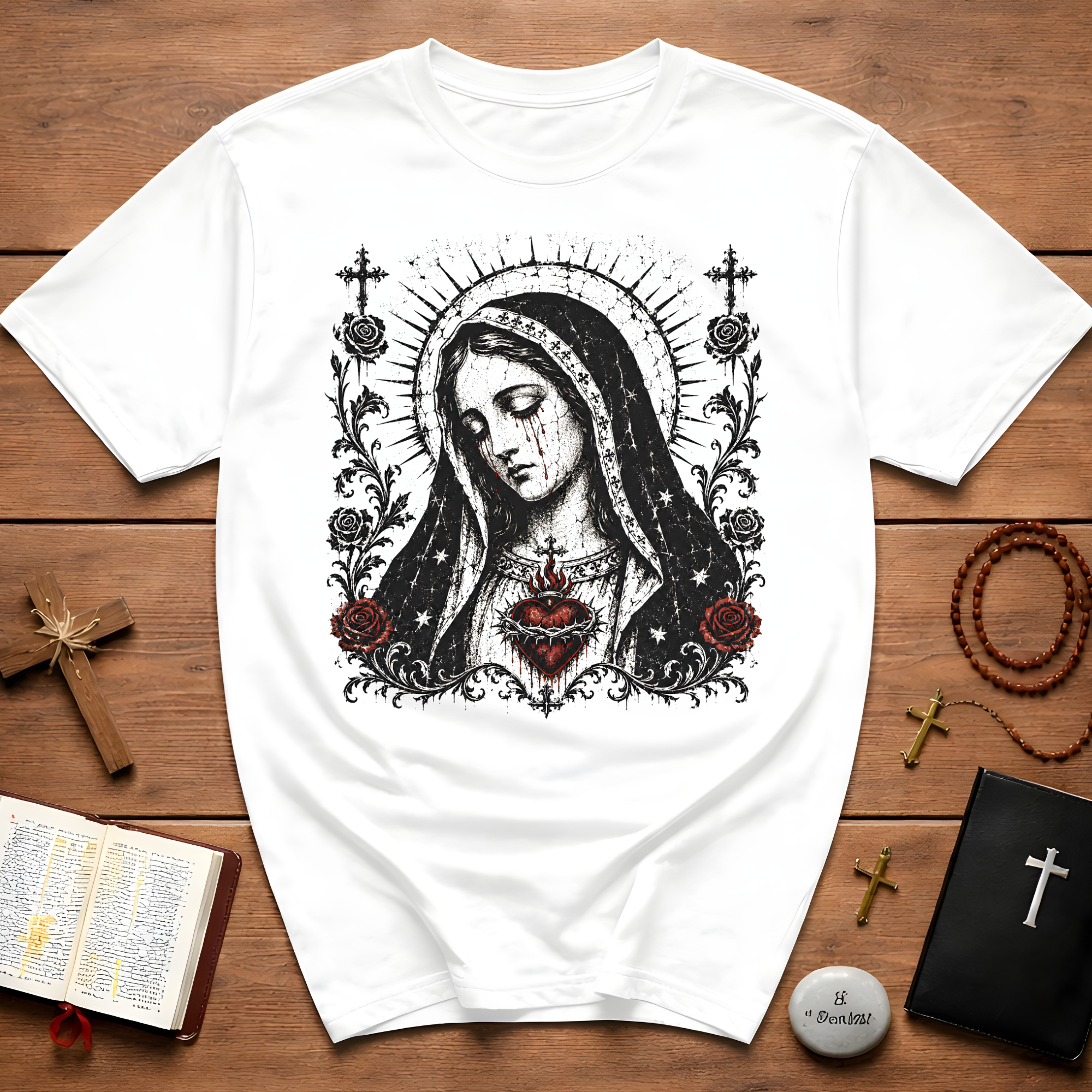 Virgin Mary Sacred Heart Gothic Catholic Dark Mother Mary Icon With Roses And Halo T-Shirt