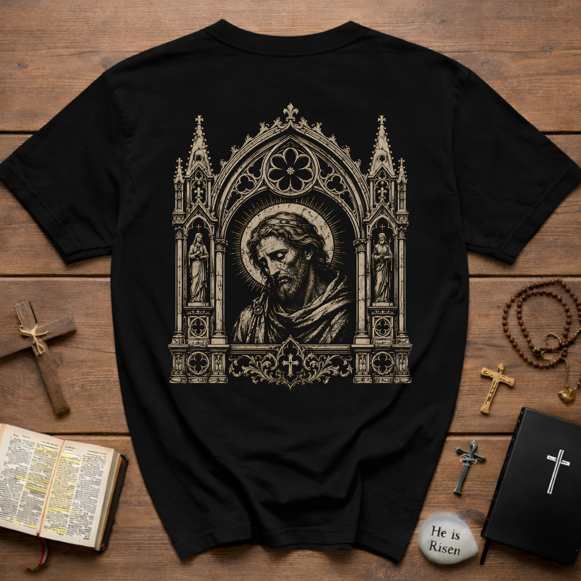 BACKPRINT Gothic Sacred Christ Portrait In Ornate Cathedral Arch Christian Religious Icon T-Shirt