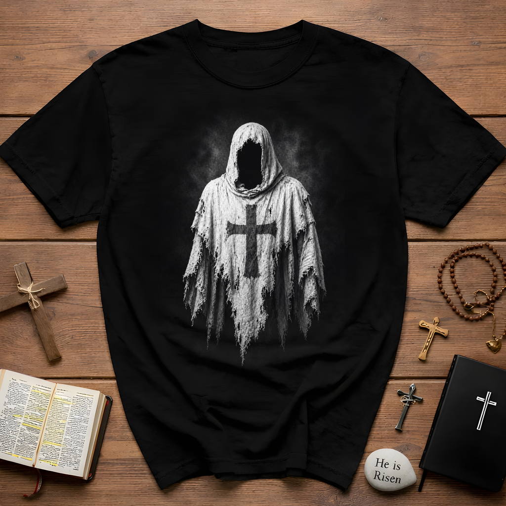 Hooded Crusader Phantom With Tattered Cross Robe Dark Gothic Grim Reaper Aesthetic T-Shirt