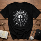Medieval Crusader Knight Sword And Shield With Flaming Cross Emblem Fantasy Warrior Art T-Shirt