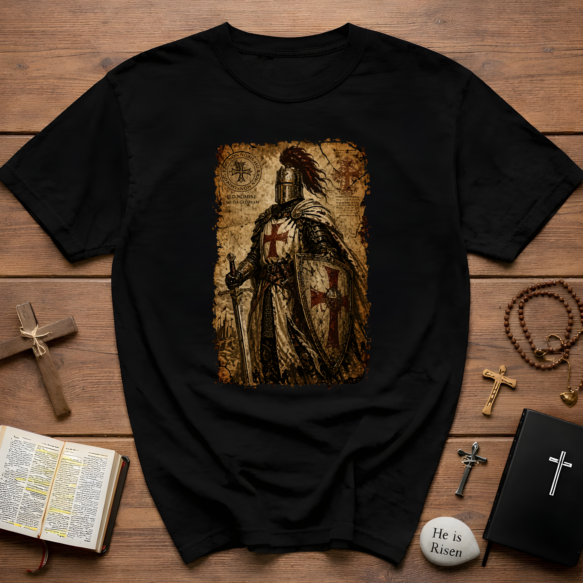 Templar Knight Non Nobis Domine Medieval Crusader Cross Shield And Sword Latin Motto Christian Warrior T-Shirt