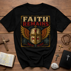 Faith Remains Crusader Helmet With Wings Christian Warrior Cross Vintage Medieval Art Style T-Shirt