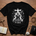 Born Of Fire Christian Knight Cross Crusader Medieval Warrior Faith Flames T-Shirt