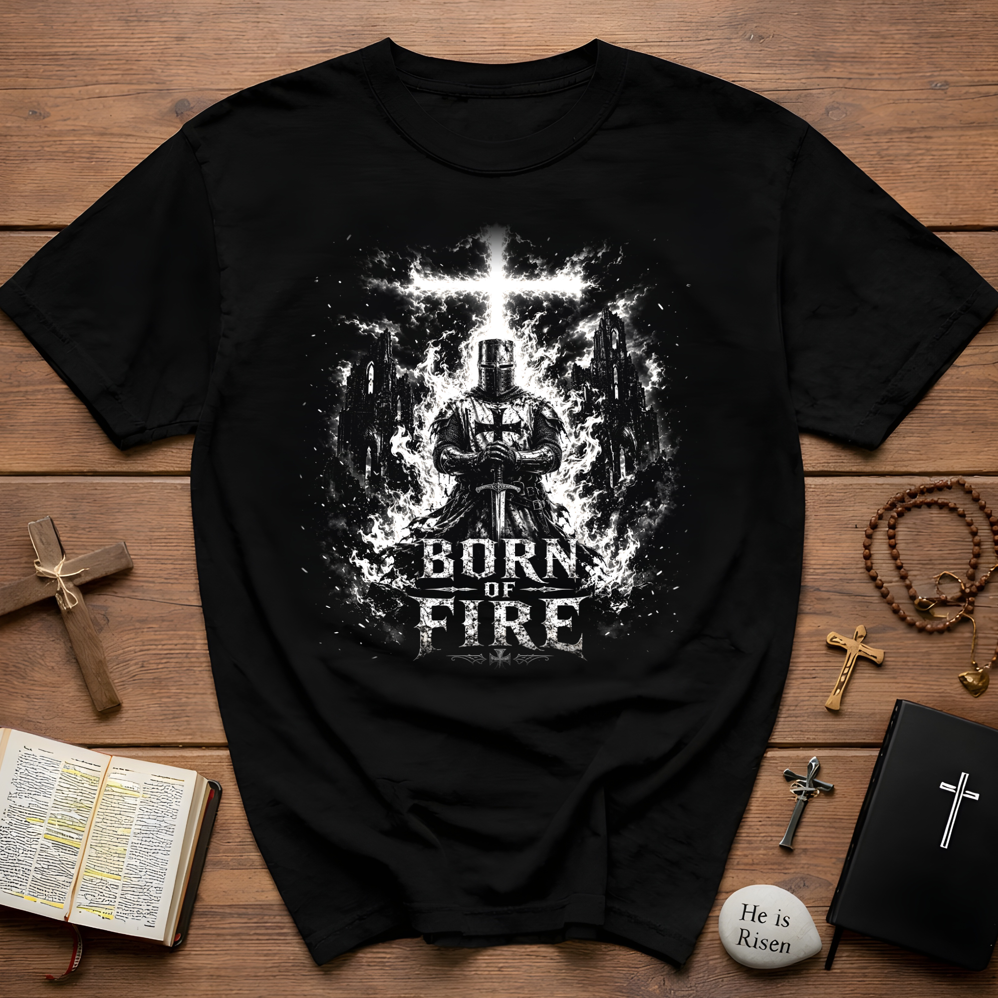 Born Of Fire Christian Knight Cross Crusader Medieval Warrior Faith Flames T-Shirt