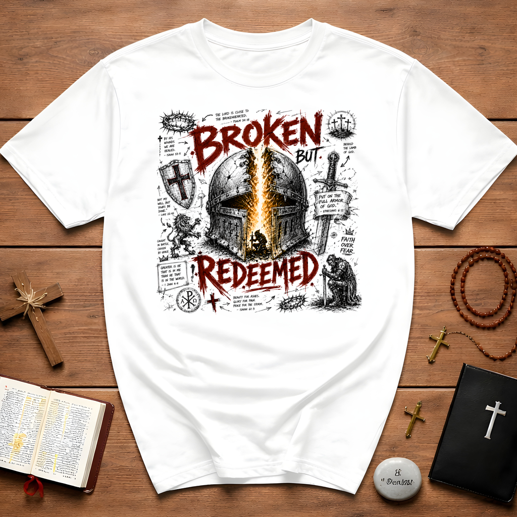 Broken But Redeemed Christian Warrior Armor Of God Faith Over Fear Helmet And Cross T-Shirt