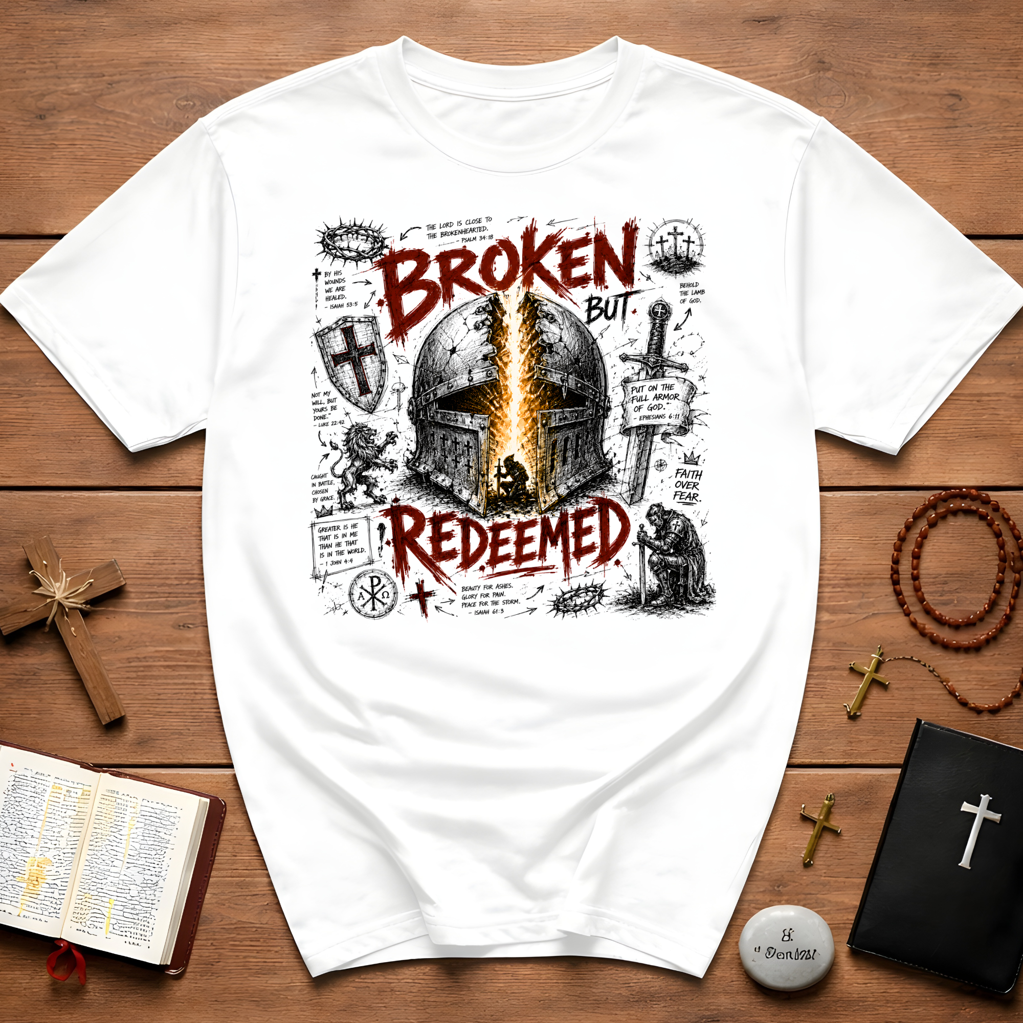 Broken But Redeemed Christian Warrior Armor Of God Faith Over Fear Helmet And Cross T-Shirt