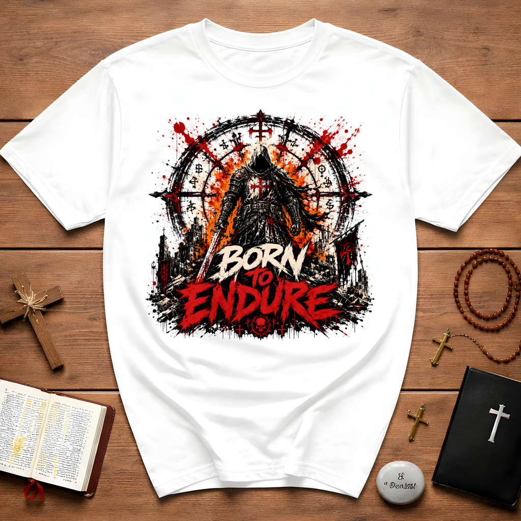 Born To Endure Dark Fantasy Warrior Knight Gothic Crusader Symbol T-Shirt