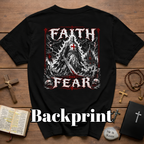 Faith Over Fear Christian Warrior Knight With Cross Storm Gothic Crusader Art Faith Over Fear Scripture Theme T-Shirt