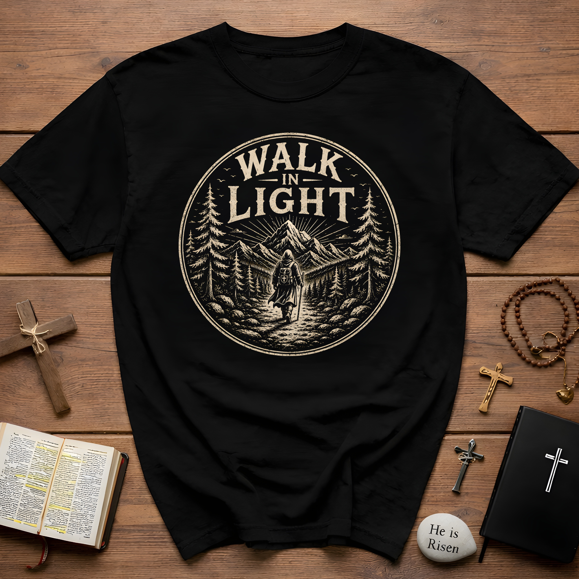 Walk In Light Ephesians 5 8 Christian Hiking Scripture Mountain Forest Adventure Faith Outdoors Bible Verse T-Shirt